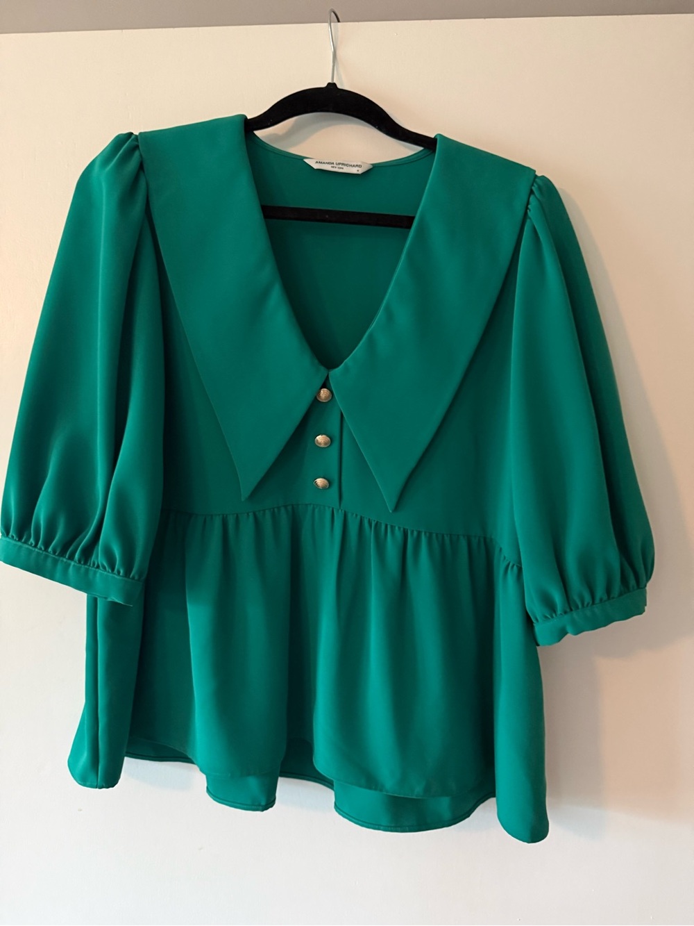 Amanda Uprichard Teal Green Peplum Blouse with Statement Collar